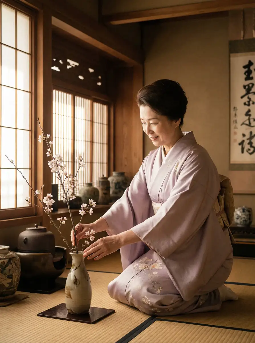 一位优雅的 韩国女主播 在和室中插花